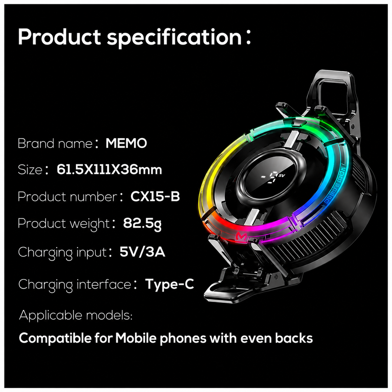MEMO CX15 Digital Display Mobile Cooling Fan With Four Types RGB Light